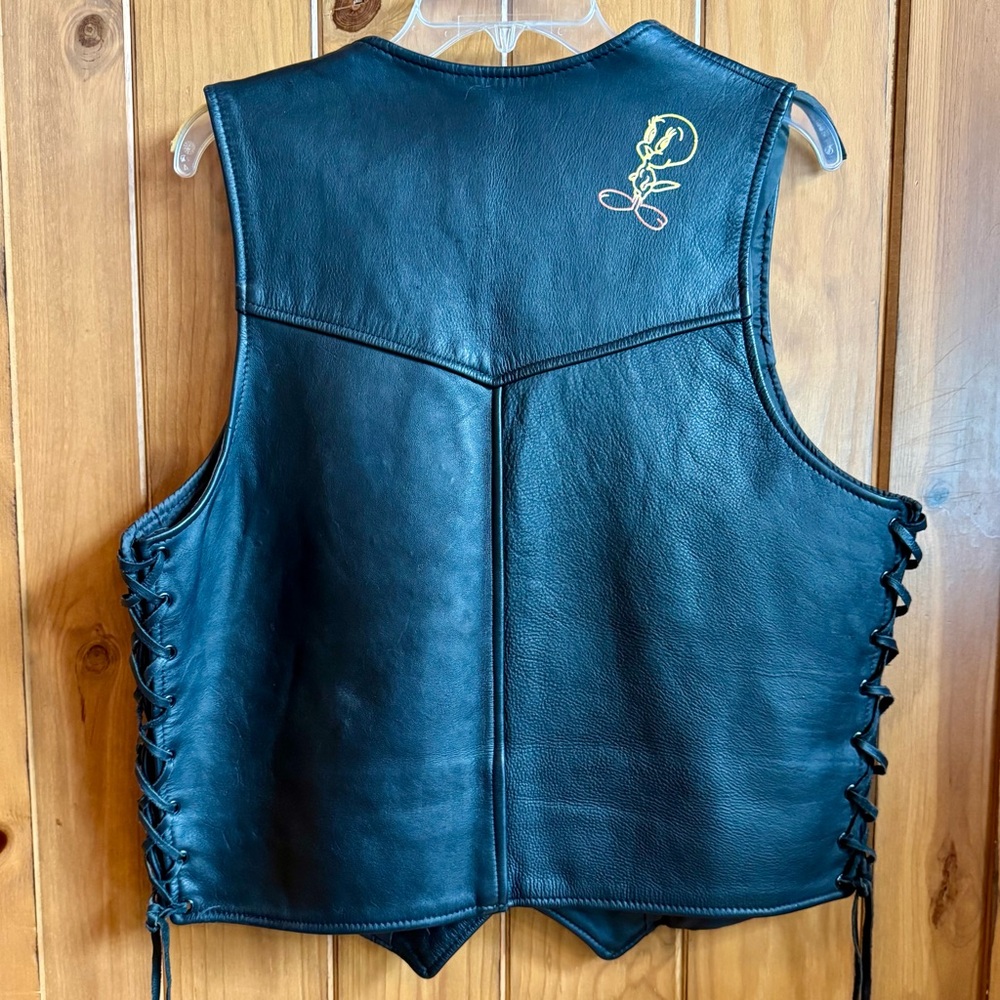 Black Leather Motorcycle Vest with Lace-Up Sides (46) - Picture 4 of 17